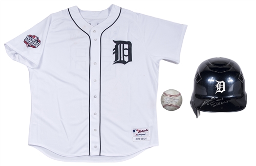 Lot of (3) Prince Fielder Game Used & Signed OML Selig Home Run Baseball & 2012 World Series Game 3 Detroit Tigers Jersey & Batting Helmet (MLB Authenticated)